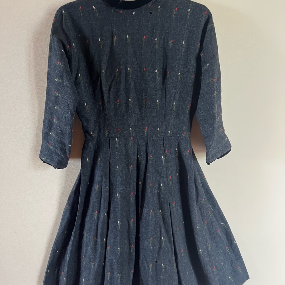 Vintage Black Wool Dress with Subtle Red Accents
